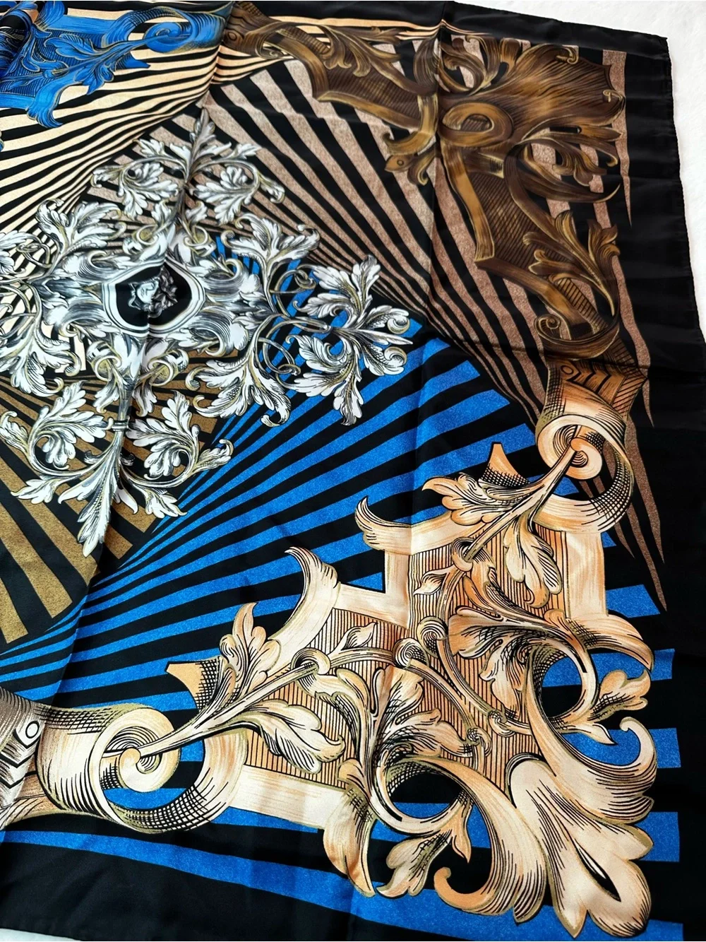 Versace Silk Medallion Scarf in Blue, Gold & Black